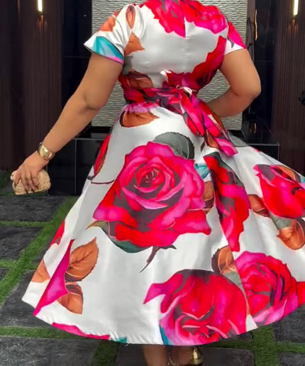 Pink Floral Skater Midi A-Line Dress for Cocktail Party Birthday Wedding Guest Dinner Reception Photoshoot