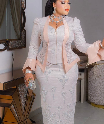 Eye-Catching Yellow Brocade Embellished Skirt Set Split Bell Sleeve Suit for Mother of The Bride Wedding Birthday Party Outfit