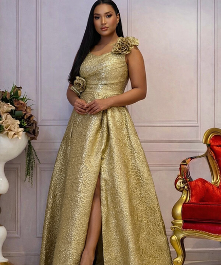 Gold Brocade Sleeveless Flare Maxi Dress with Slit: Wedding Guest Attire, Mother of The Bride Birthday Cocktail Party