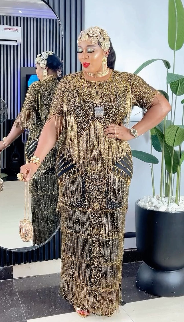 Metallic Gold Fringe Crystal-Embellished Maxi Dress | Wedding Birthday FASHIONISKO Metallic Gold Fringe Crystal-Embellished Maxi Dress | Wedding Birthday FASHIONISKO