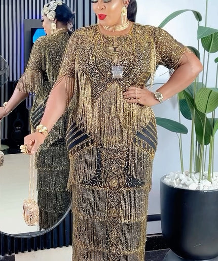 Metallic Gold Fringe Crystal Beaded Maxi Dress | Bridal Evening Gown Wedding Guest Birthday Party Mother of The Bride Graduation