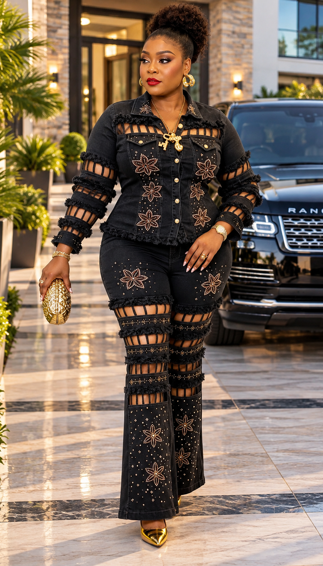 "Goodie, Yuh Too Much" Denim & Diamonds Birthday Party Dinner Girls Night Outfit Rhinestone Stretch Caged Cut-Out Black Jeans Top & Pants 2-Piece Set