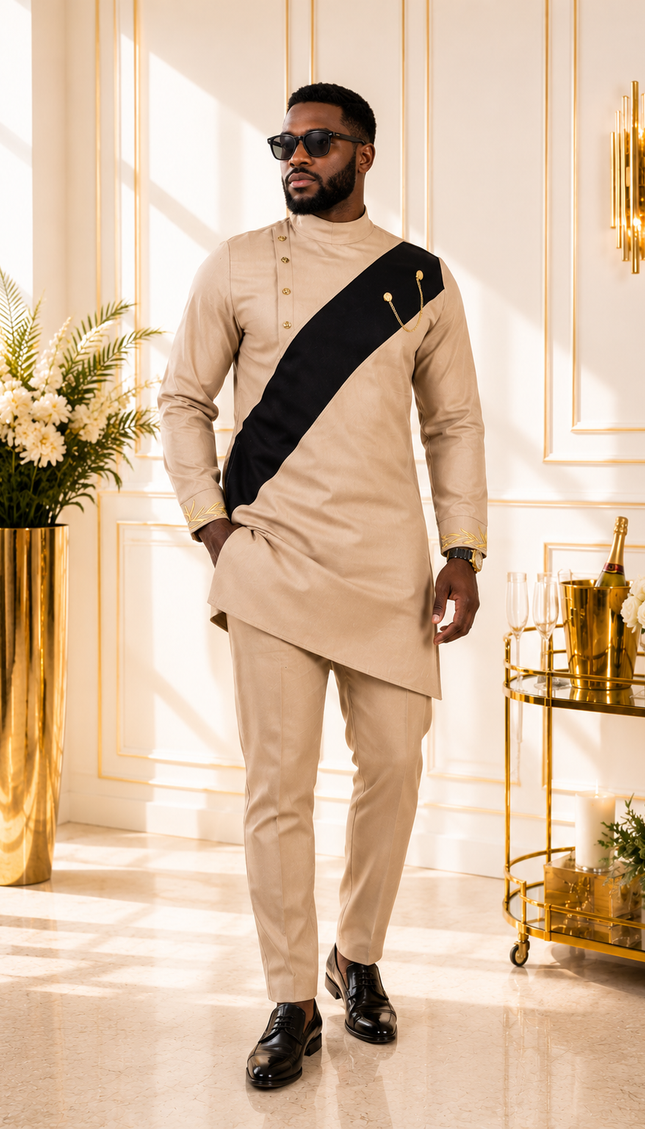 African Men's White Embroidered 2-Piece Outfit, Cotton Long Sleeve Mandarin Collar Shirt & Pants: Wedding Guest Groom Groomsmen Graduation Church Anniversary Birthday Party Buba & Sokoto Attire
