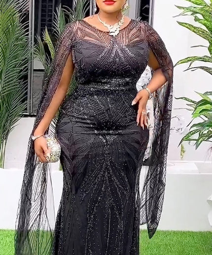 Beaded Embellished Cape Sleeve Maxi Dress