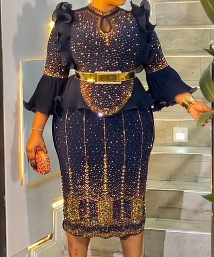 Blue Rhinestone-Embellished Ruffle Sleeve Midi Dress: Wedding Guest Birthday Cocktail Dinner