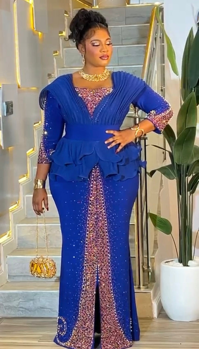 Pink Rhinestone Embellished Peplum Maxi Dress - Mother of The Bride Birthday Photoshoot Party Cocktail Reception