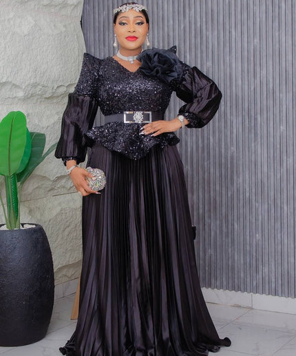 Sequin Bishop Sleeve Maxi Dress Floor Length Mother of The Bride A-Line Gown
