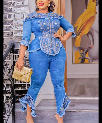 Denim and Diamonds Ruffle Top & Pants Curvy Stretch Jeans Birthday Party Concert Ladies Night Date