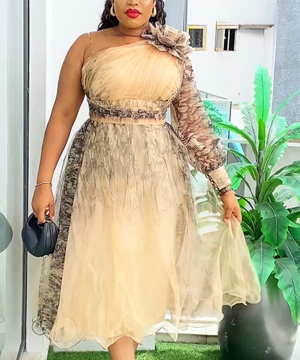 One Shoulder Gold Summer Wedding Guest Dress, Curvy Mother of The Bride A Line Dress Rosette Tea Length Twirl Midi, Plus Size Party Cocktail Gala