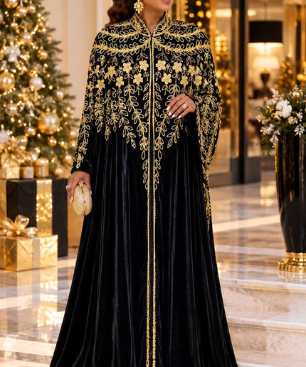 Luxury Black & Gold Beaded Embroidery Velvet Kaftan Cape Dress 2-Piece Set for Holiday Cocktail Party Wedding Guest Birthday Dinner Church Gala Formal Caftan Gown Plus Size