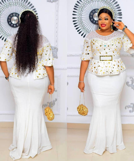 White Embellished Peplum Floor Length Maxi Dress