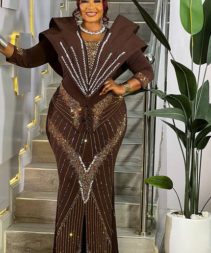 Dramatic Blue Structured Shoulder Rhinestone Embellished Maxi Dress for Special Occasion Cocktail Party Wedding Guest Birthday Photos Church Gala Anniversary Mother of The Bride Outfit Formal Evening Gown