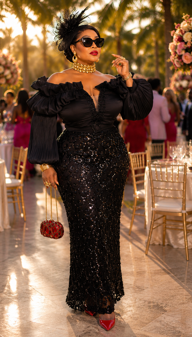 Elegant Black Off-The-Shoulder Sequin Bishop Sleeve Maxi Dress: Wedding Guest Birthday Party Cocktail Gala Mother of The Bride