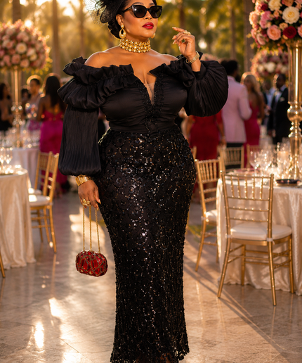 Elegant Black Off-The-Shoulder Sequin Bishop Sleeve Maxi Dress: Wedding Guest Birthday Party Cocktail Gala Mother of The Bride