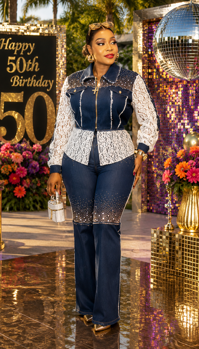 Luxury Gold Rhinestone Embellished Denim, Diamonds & Lace 2-Piece Set, Birthday Dinner Photoshoot Weekend Get-Together Party Top & Pants Outfit Women's Plus Size Stretch Jeans