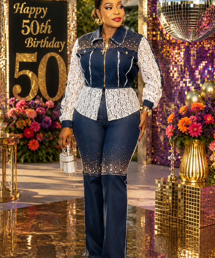 Luxury Gold Rhinestone Embellished Denim, Diamonds & Lace 2-Piece Set, Birthday Dinner Photoshoot Weekend Get-Together Party Top & Pants Outfit Women's Plus Size Stretch Jeans