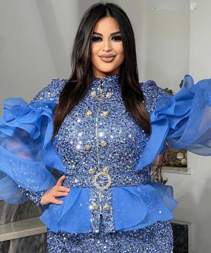 Blue Sequin Wedding Guest Dress Ruffles Peplum, Plus Size Mother of The Bride Evening Wear