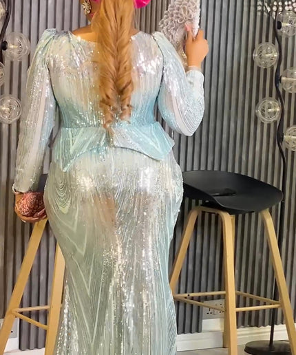 Pink Sequin Embellished Peplum Mermaid Gown