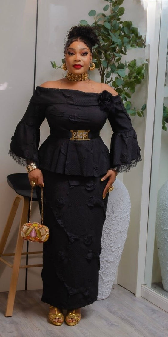 Elegant Black Off-The-Shoulder Peplum Dress for Wedding Guest Mother of The Bride Gala Birthday Photoshoot Outfit