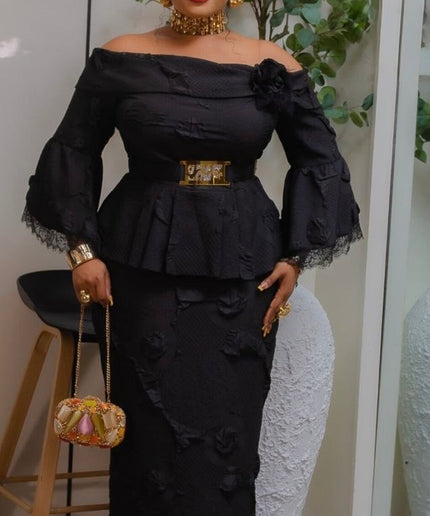 Elegant Black Off-The-Shoulder Peplum Dress for Wedding Guest Mother of The Bride Gala Birthday Photoshoot Outfit