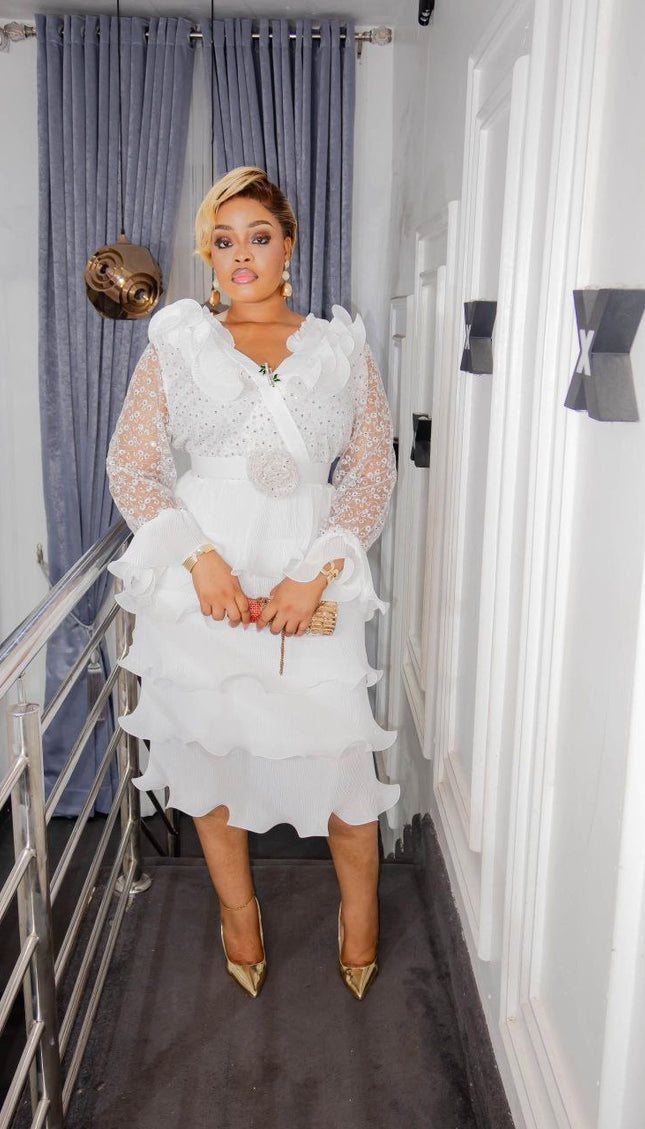 Black Embellished Ruffled Midi Dress