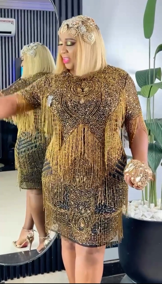 Shimmering Crystal Fringe Embellished Midi Dress | Cocktail Party Gatsby Fashion Wedding Guest