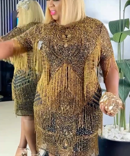 Shimmering Crystal Fringe Embellished Midi Dress | Cocktail Party Gatsby Fashion Wedding Guest