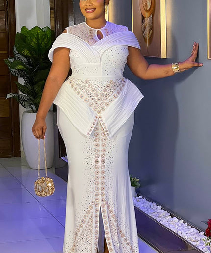 Elegant White Rhinestone Embellished Maxi Dress for Wedding Party Reception Formal Evening Gown