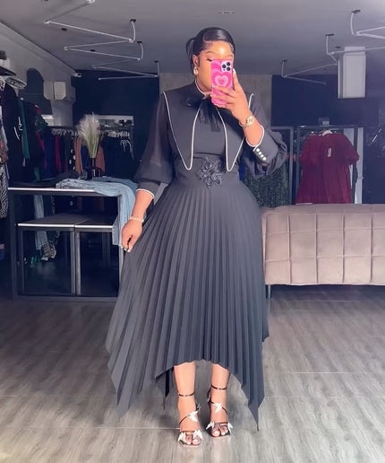 Elegant Tie-Neck Floral Brooch Pleated Asymmetrical Skater Midi Dress for Cocktail Party Black Tie Attire Wedding Guest Birthday Dinner Reception