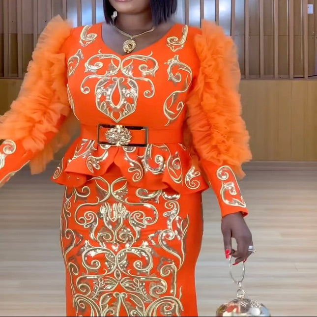 Orange Dramatic Ruffle Sleeve Embellished Peplum 2-Piece Skirt Set for Mother of The Bride Formal Wedding Guest Evening Wear Birthday Party Outfit