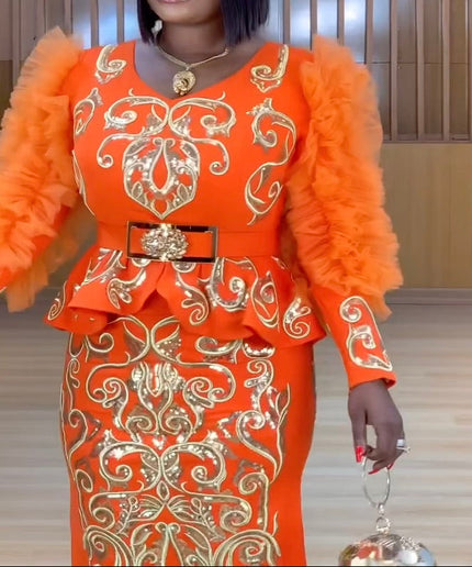 Orange Dramatic Ruffle Sleeve Embellished Peplum 2-Piece Skirt Set for Mother of The Bride Formal Wedding Guest Evening Wear Birthday Party Outfit