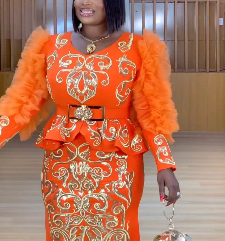 Orange Sequin Embroidered Ruffle Peplum Top Skirt, Women's Pc