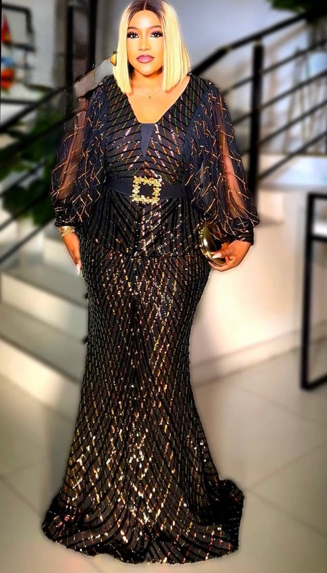 Black Sequin Split Sleeve Mermaid Dress for Wedding Birthday Cocktail Party