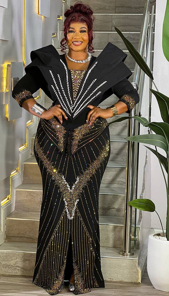 Black Embellished Structured Shoulder Maxi Dress for Wedding Party Cocktail Birthday Church Gala Anniversary Mother of The Bride Outfit