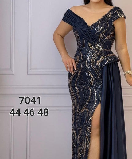 Off-The-Shoulder Sequin Side Drape Maxi Dress | Wedding Guest Bridal Photoshoot Mother of The Bride Birthday Celebration