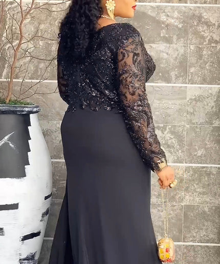 Black Sequin Crystal-Embellished Draped Maxi Dress for Mother of The Bride Wedding Guest Anniversary Celebrant Worthy