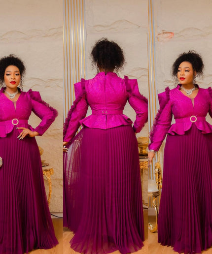 Magenta Pink Wedding Guest A-Line Dress, Peplum Ruffle Sleeve Mother of The Bride Maxi Gown Plus Size Evening Wear