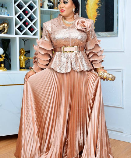 Sequin Ruffle Wedding Guest Outfit Plus Size Mother of The Bride, Peplum Top & Pleated Skirt 2 Piece Matching Set, Curvy Women Fashion