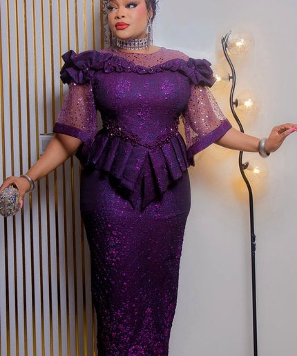 Purple Sequin Ruffle Peplum 2-Piece Skirt Set for Mother of The Bride Wedding Guest Birthday Party Cocktail Reception Church Anniversary