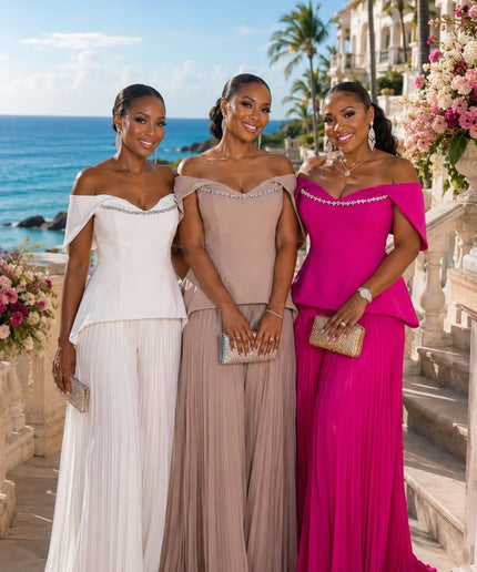 Turn Heads White Off-The-Shoulder Crystal-Embellished Pleated Wide-Leg Jumpsuit