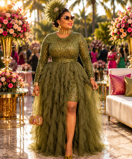 "The Compliment Collector" Red Sequin Wedding Guest Dress with Ruffle Tulle Overlay Formal Cocktail Party Mother of The Bride Celebrant Special Occasion Gown