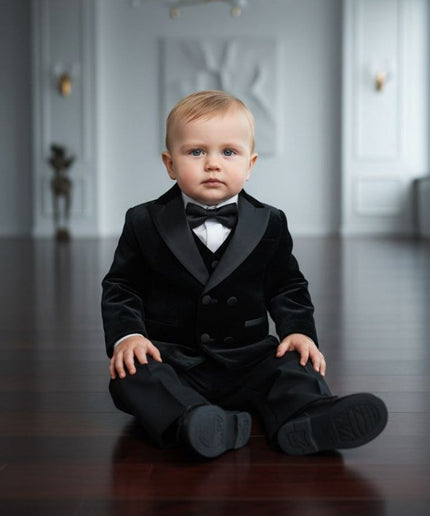 Baby Boys' White Velvet Shawl Lapel Tuxedo Suit, Bow Tie 5-Piece Set: Wedding Ring Bearer Baptism Birthday Party Graduation Photoshoot
