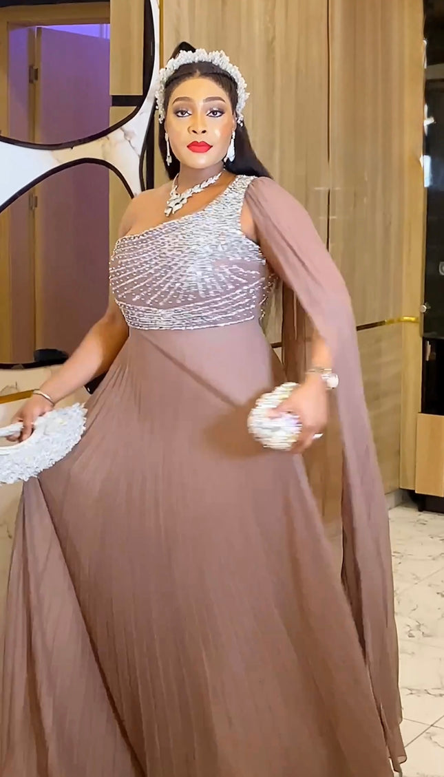 One Shoulder Mother of The Bride A-Line Gown, Elegant Wedding Guest Dress Long Maxi Pleated, Cocktail Reception Evening Wear