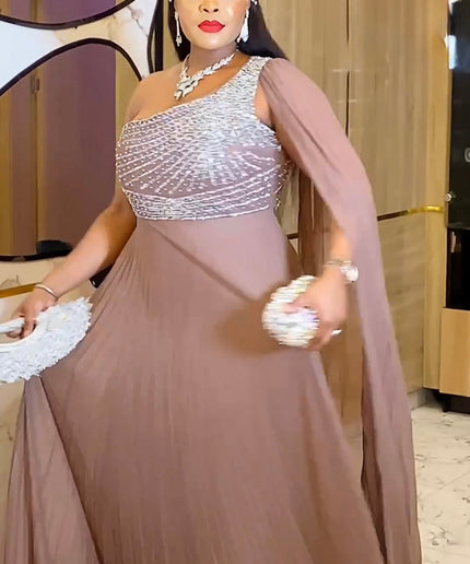 One Shoulder Mother of The Bride A-Line Gown, Elegant Wedding Guest Dress Long Maxi Pleated, Cocktail Reception Evening Wear