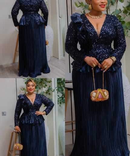 Sparkly Black Sequin Peplum Pleated Maxi Dress - Wedding Guest Mother of The Bride Dinner Cocktail