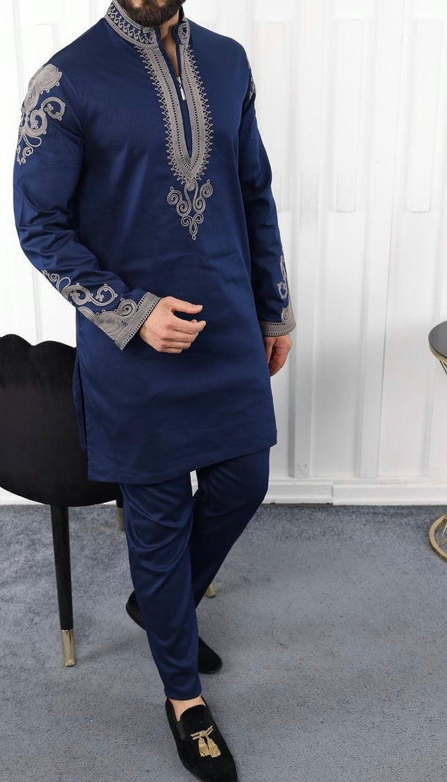 African Men's Clothing Matching Embroidered Shirt Pants Cotton | 7 Colors