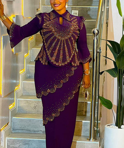 Navy Blue Rhinestone-Embellished Asymmetric Maxi Dress for Wedding Birthday Mother of The Groom