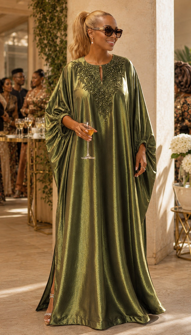 Green Beaded Embroidery Kaftan Maxi Dress, African Bubu Gown Wedding Guest Attire Engagement Ceremony Celebrant Birthday Party Mother of The Groom