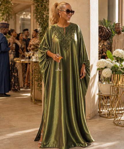 Green Beaded Embroidery Kaftan Maxi Dress, African Bubu Gown Wedding Guest Attire Engagement Ceremony Celebrant Birthday Party Mother of The Groom