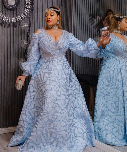 White Metallic Brocade Cold Shoulder Embellished A-Line Gown - Bridal Photoshoot Mother of The Groom or Bride Anniversary Engagement